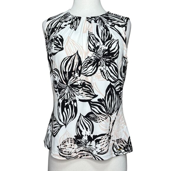 Calvin Klein Floral Blouse Size Small White Black Pink Pleated Neck - Picture 1 of 7